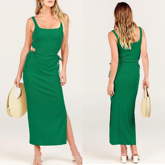Women's Green Summer Sleeveless Tank Dress Cutout Ribbed Slit Maxi Dress *NEW* - Picture 1 of 16